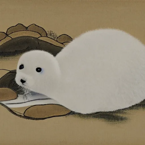 Image similar to baby harp seal 妖怪, Japanese painting