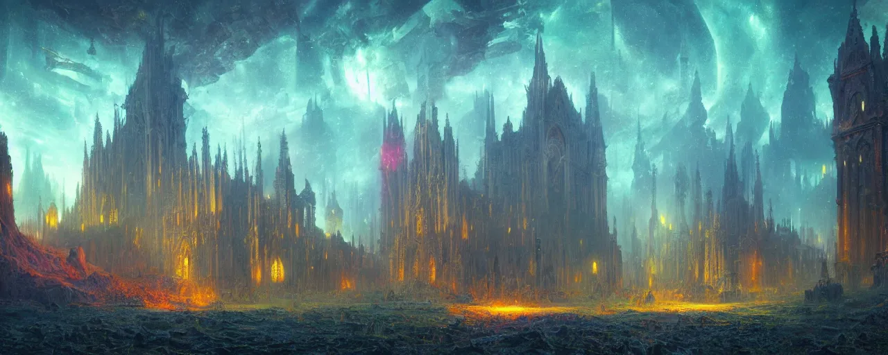 Image similar to ” otherworldly landscape with an epic cathedral, [ by paul lehr, cinematic, detailed, epic, widescreen, opening, establishing, mattepainting, photorealistic, realistic textures, octane render ] ”