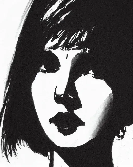 Image similar to close up portrait of millie bobby brown by yoji shinkawa, black and white