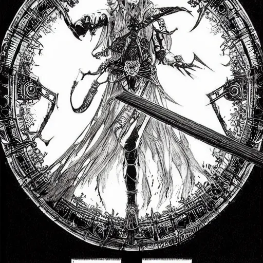 Prompt: highly detailed perspective magic sword drawing black and white goetic pen and ink concept design by hiroya oku!! mucha sword concept art design still life