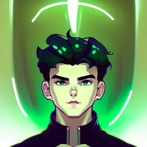 Prompt: a face portrait character design by artgerm, cushart krenz, greg rutkowski ross tran alphonse mucha. young danny phantom!! glowing green eyes!! bold outline sharp edges. ultra clear detailed. 8 k. elegant, neon colors, symmetry, intricate complexity, epic composition, magical atmosphere, cinematic lighting masterpiece trending on artstation 8 k octane.