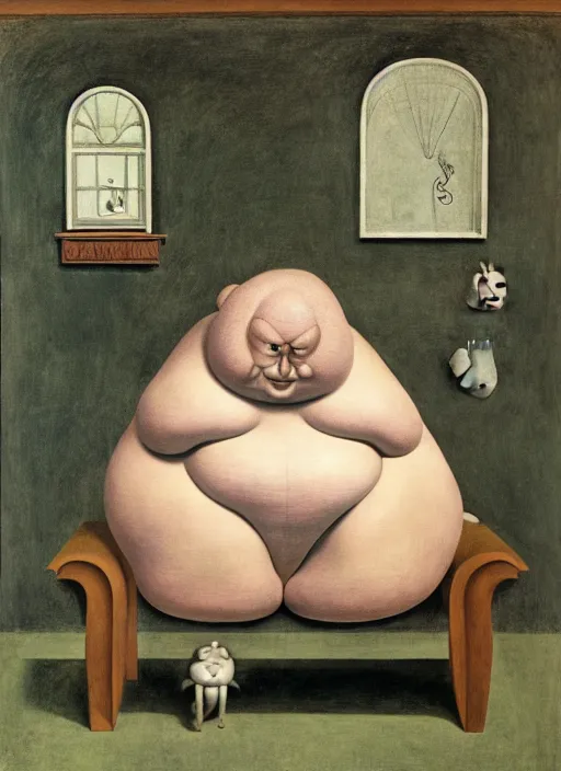 Image similar to fat monster sitting on chair looking at his smartphone, hysterical, sweat, fat, frustrated, art by gertrude abercrombie hans bellmer and william blake