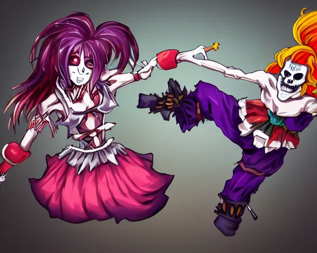 Image similar to anime clown girl warrior fighting a skeleton