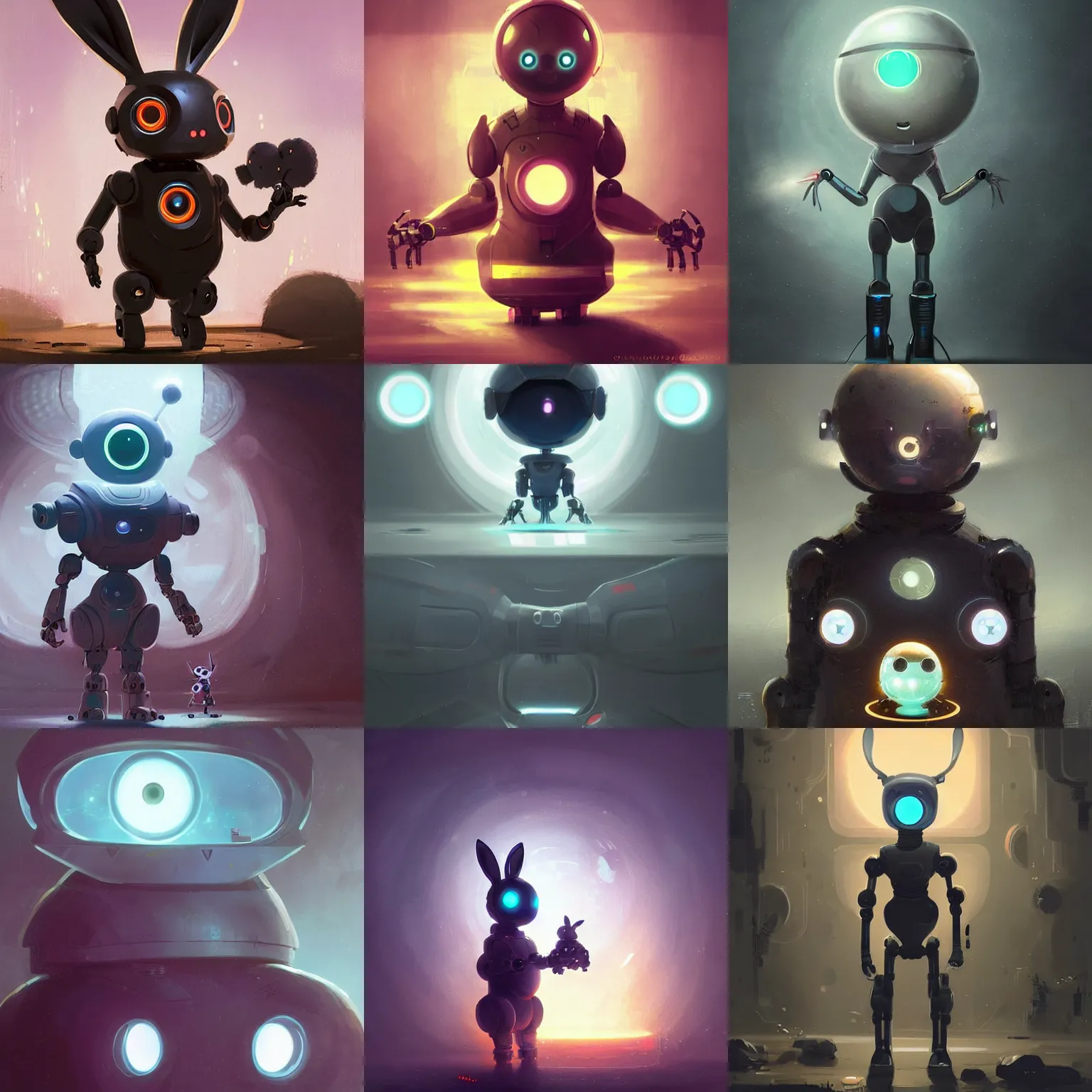 Prompt: cute robot child with big glowing eyes and big rabbit ears , big glowing belly , futuristic design by greg rutkowski