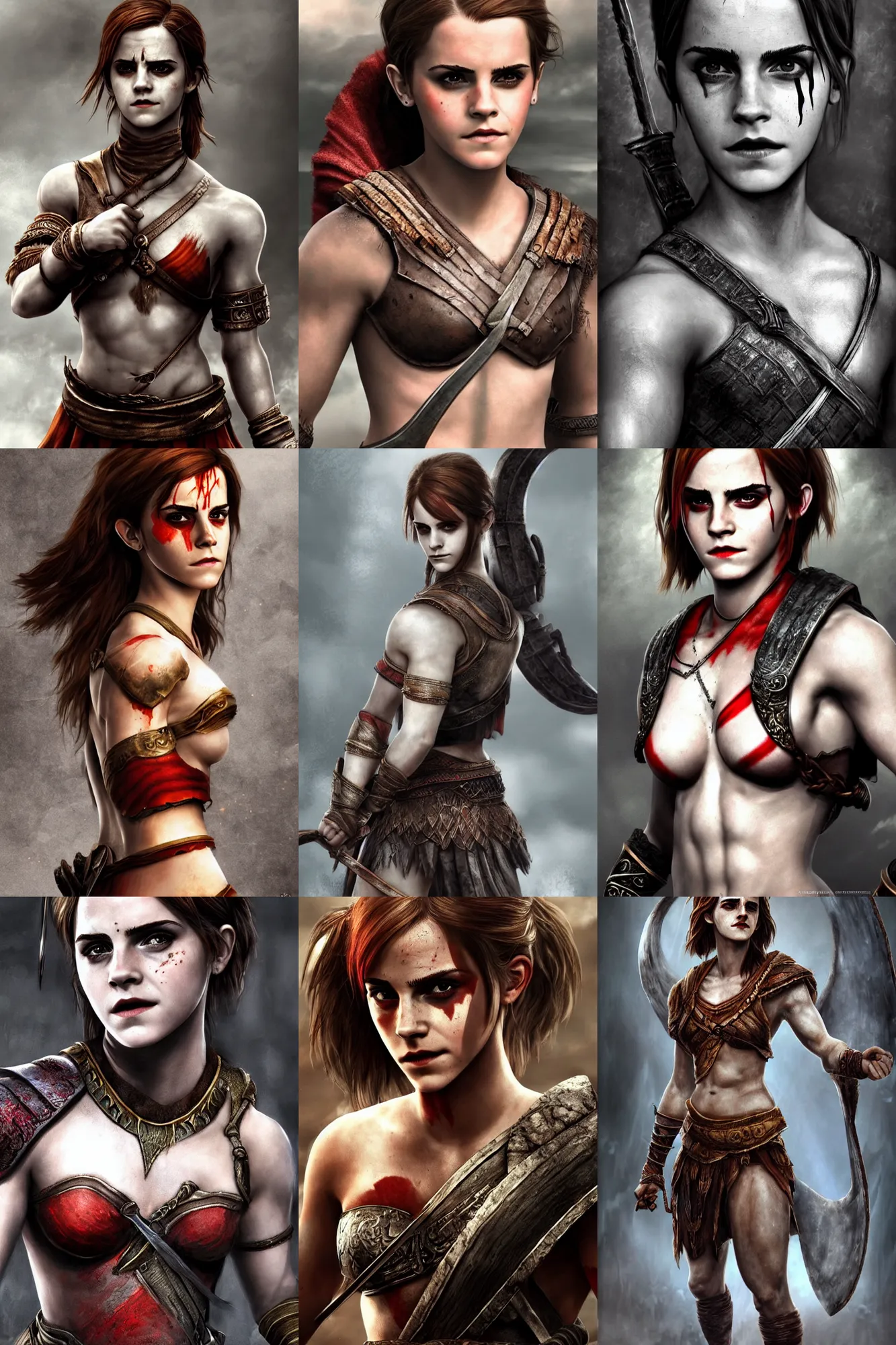 Prompt: Emma Watson as Kratos, brutal, detailed realistic, photorealistic, full body, ornate, intrinsic, artstation