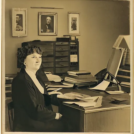 Image similar to a portrait of a secretary sitting behind a desk, 7 0 th burda style,