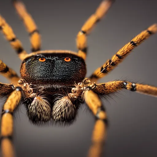 Image similar to macro lens photo of a spider, dynamic lighting, photorealistic, ultra detailed, stunning visuals, blur, studio photo, studio quality lighting, 8 k