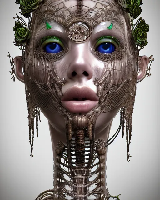 Image similar to Ursula organic bio-mechanical spinal ribbed profile face portrait detail of translucent steampunk beautiful siamese sisters females angelic-human-queen-vegetal-cyborg, highly detailed, intricate trnaslucent ivy jelly ornate, poetic, translucent roses ornate, 3D render, digital art, octane render, 8K artistic photography, photo-realistic, by Dora Maar