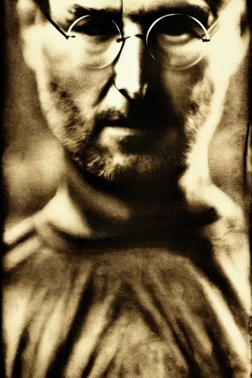 Prompt: steve jobs, outlaw, portrait, full body, symmetrical features, silver iodide, 1 8 8 0 photograph, sepia tone, aged paper, sergio leone, master prime lenses, cinematic