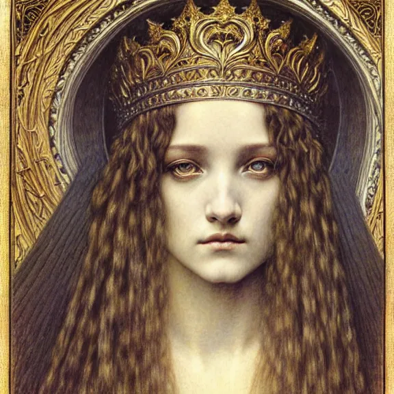 Image similar to detailed realistic beautiful young medieval queen face portrait by jean delville, gustave dore and marco mazzoni, art nouveau, symbolist, visionary, gothic, pre - raphaelite. horizontal symmetry