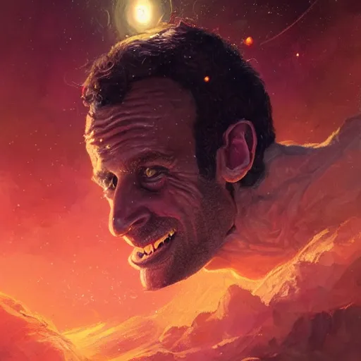 Image similar to portrait of goblin emmanuel macron falling into the stars by greg rutkowski, 4k, intricate details