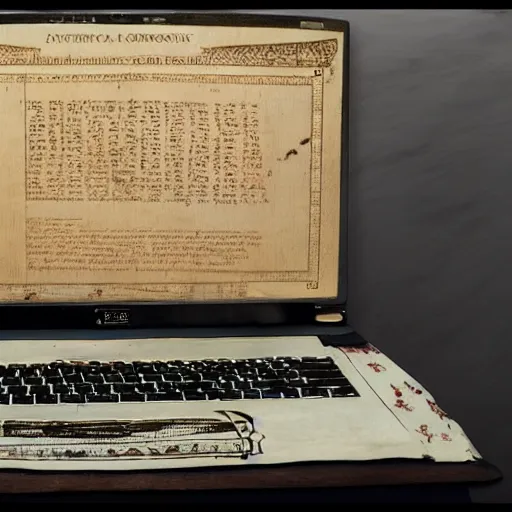 Prompt: an ancient roman laptop computer