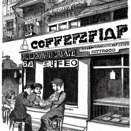 Prompt: A coffee shop 1900 illustration artwork