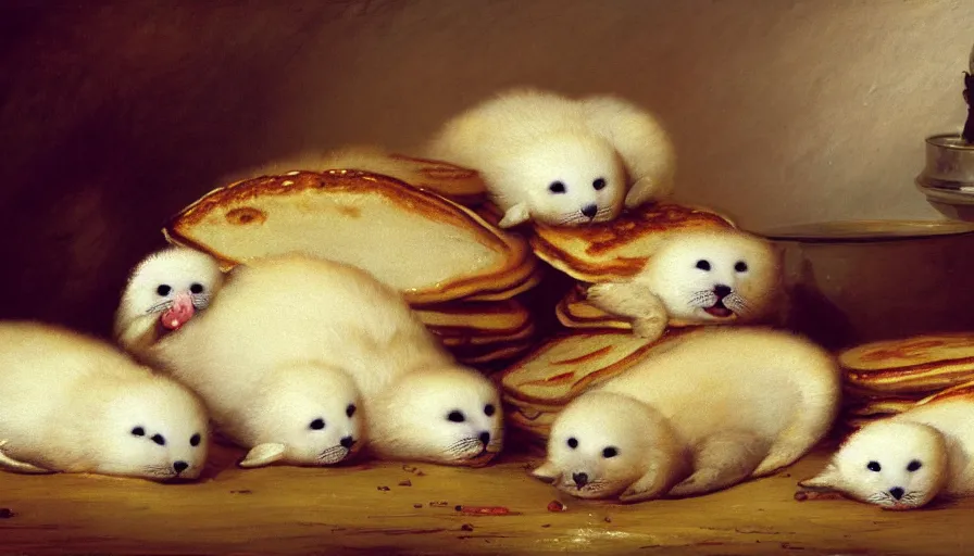 Image similar to highly detailed painting of cute furry white baby seals in a pile of jam pancakes on a table by william turner, by greg rutkowski, by william constable, thick brush strokes and visible paint layers, 4 k resolution