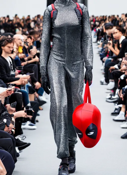 Image similar to hyperrealistic and heavy detailed balenciaga runway show of deadpool, leica sl 2 5 0 mm, vivid color, high quality, high textured, real life