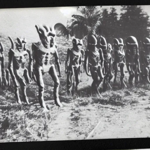 Image similar to polaroid photograph of horrorific alien beings visiting earth, 1 9 5 0