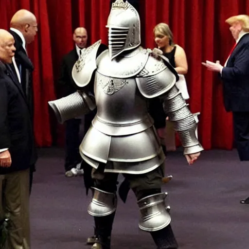 Prompt: full - body - front - shot!!!!!!!, donald trump wearing knight'armor, crown, detailed face!!!!!! of donald trump