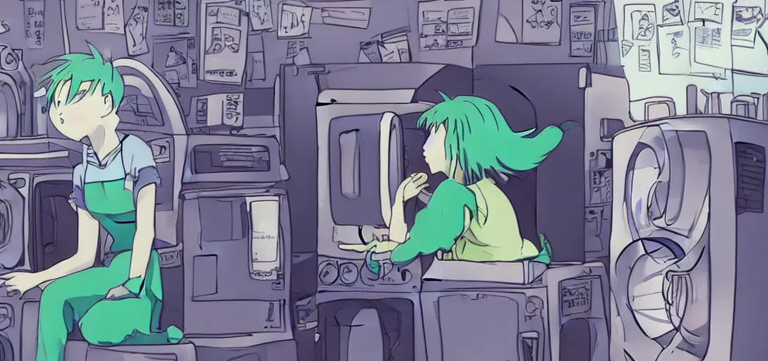 Image similar to a girl with green hair sitting on top of a washing machine inside of a laundromat by Hayao Miyazaki, anime style