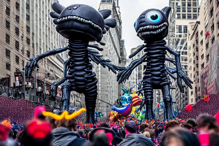 Image similar to photo of giant cute elaborate parade float character designed by ( ( ( ( ( ( ( ( giger ) ) ) ) ) ) ) ) and beeple!!!!!!!!!!!!!!, in the macys parade, detailed 4 k photo,