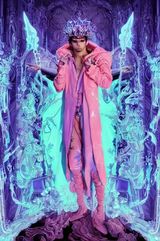 Prompt: full-body rococo and cyberpunk delicate neon crystalline sculpture of ((handsome muscular onyx albino prince Zayn Malik)) as an blue iridescent humanoid deity wearing ((peach plastic hooded cloak)) (holding a human skull) in a onyx castle dungeon, reclining, glowing pink face, crown of (pink lasers), large blue diamonds, swirling black silk fabric. futuristic elements. oozing glowing liquid, full-length view. space robots. intricate artwork by caravaggio. Trending on artstation, octane render, cinematic lighting from the right, hyper realism, octane render, 8k, depth of field, 3D