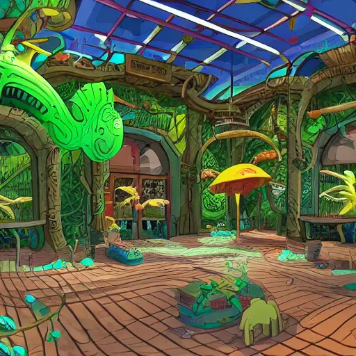 Prompt: inside the lobby of a zoo for tiny alien creatures, tiny cages, highly detailed, 3d, rick and morty style