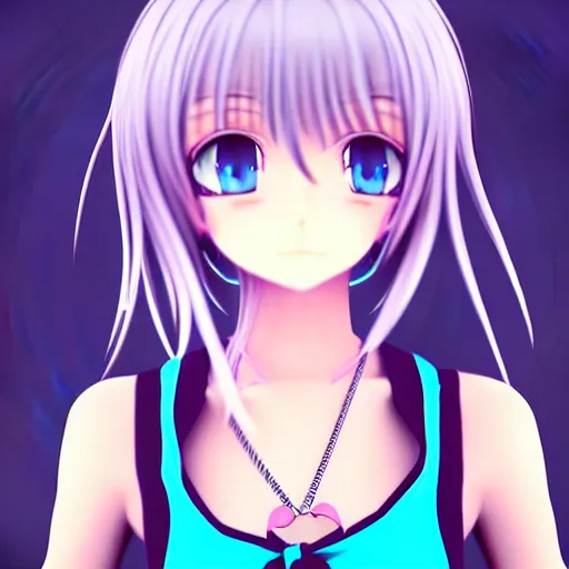 Image similar to 3d anime girl, wearing a tanktop, gorgeous face, blue eyes, ribbon in her hair, silver necklace, , high quality anime art, trending on artstation