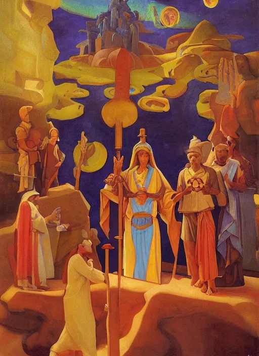 Image similar to transcendental adoration of the magi, occult rune symbolism epic surrealism 8k oil painting, portrait, perspective, high definition, cinematic, post modernist layering, by Nicholas Roerich, Annie Swynmerton, Diego Rivera, John William Godward