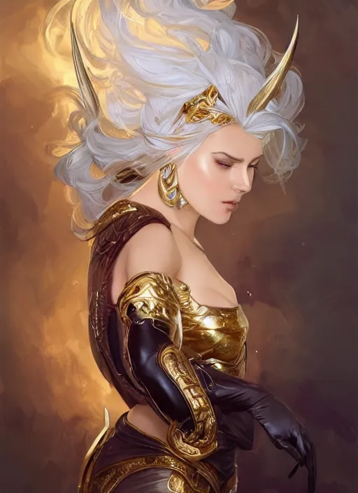 Prompt: fullbody!! dynamic movement pose, beautiful woman with white hair, big natural horns on her head, gold jewellery, dnd, face, fantasy, intricate, elegant, highly detailed, digital painting, artstation, concept art, smooth, sharp focus, illustration, art by artgerm and greg rutkowski and alphonse mucha