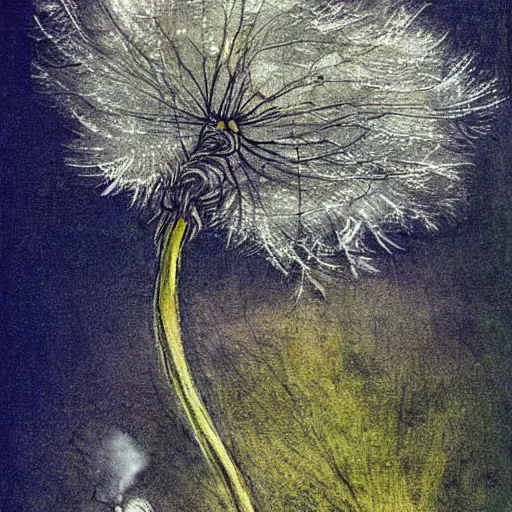 Image similar to a beautiful fairytale painting of a dandelion seed that is also a fluffy fairy. the dandelion seed is the body of the fairy. beautiful clear painting by arthur rackham