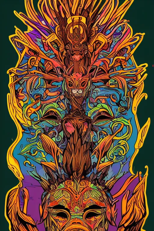 Image similar to animal mask totem roots flower tribal feather gemstone plant wood rock shaman vodoo video game vector cutout illustration vivid multicolor borderlands comics by josan gonzales and dan mumford radiating a glowing aura