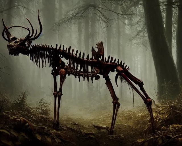 Image similar to 5 5 mm portrait photo of an armored demonic rat skeleton with antlers and red eyes, in a magical forest. magical atmosphere. art by greg rutkowski. highly detailed 8 k. intricate. lifelike. soft light. nikon d 8 5 0.