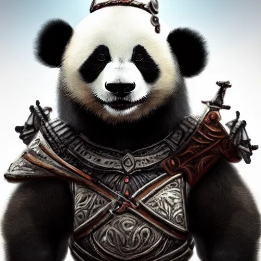 Prompt: very cute and happy warrior panda in armor, eerie, intricate, highly detailed, sorrow, dramatic, emotional, proud, matte painting, award - winning art, cute, happy, trending on artstation, digital art, 8 k