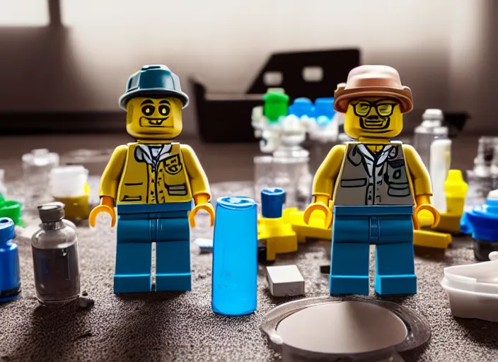 Image similar to product photo still of walter white breaking bad meth lab lego playset, 8 k, 1 2 0 mm macro, f 1. 8, studio lighting, key light