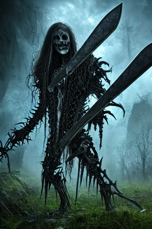 Image similar to post - gothic giant creepy banshee, exoskeleton armor, attacking with axe, dystopian ruins covered in vegetation, highly detailed smooth digital art masterpiece, vitaly bulgarov giger dramatic dark blue light, ground angle hd 8 k, sharp focus