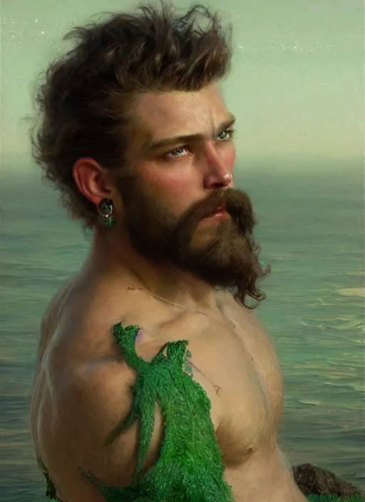 Image similar to detailed cinematic wide shot of muscular attractive young aztec man beard slim face symmetrical face tanskin green eyes white hair wearing sea clothes, detailed intricate priceless gems, ultra realistic, spring light, painting by gaston bussiere, craig mullins, j. c. leyendecker