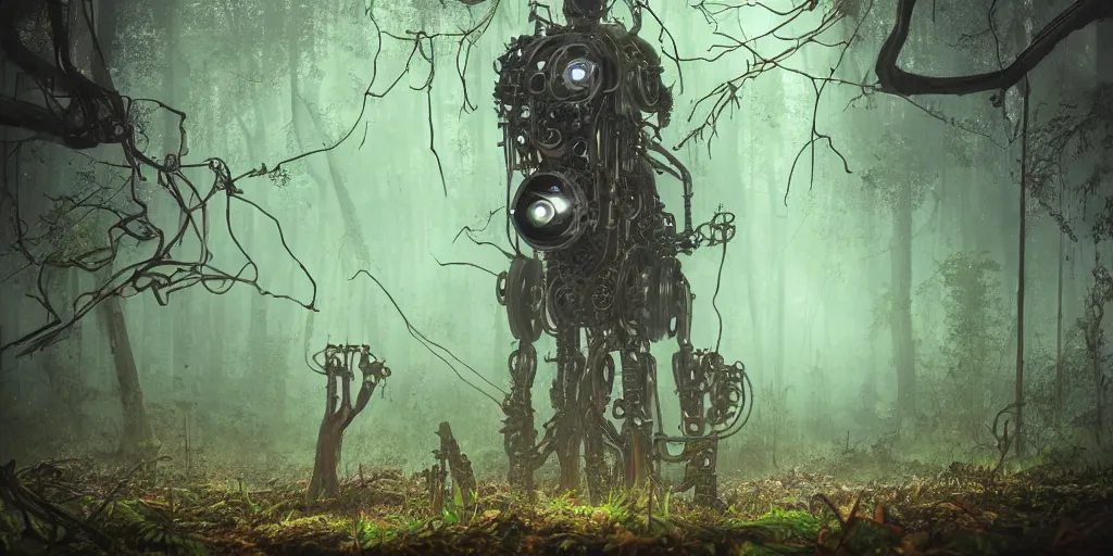 Image similar to mechanical steampunk robot with large head and ((glowing)) eyes in haunted swamp surrounded by dense forest with vines hanging from trees, creepy ambiance, fog, sharp focus, hughly detailed, eerily beautiful, cgsociety, artgerm