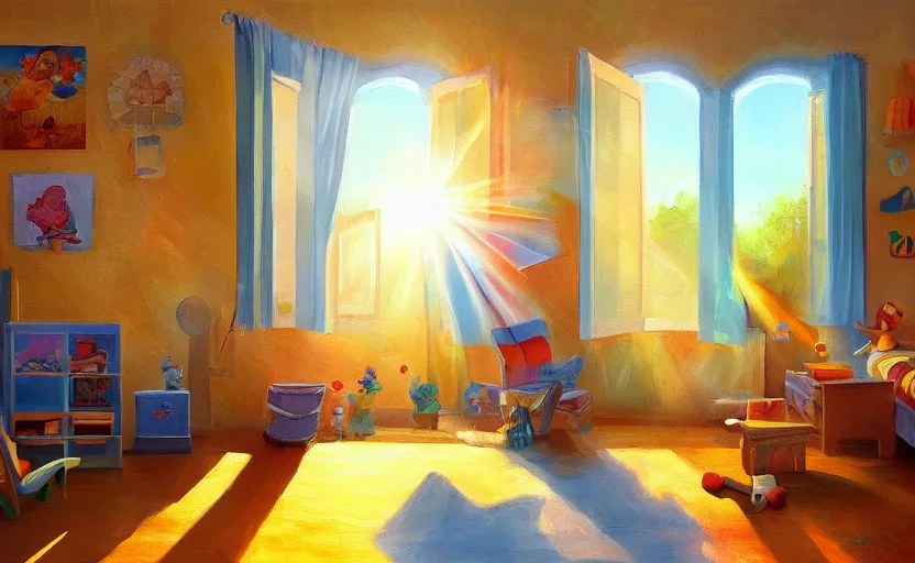 Image similar to happy morning and the rays of the morning sun shining through the window of kid's room in the village house clear sky, warm colors, happy mood, oil painting, high detail, trending on artstation