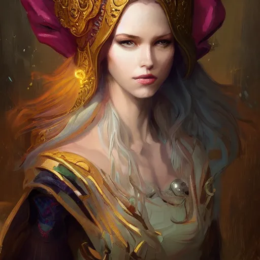 Image similar to portrait of a beautiful sorceress in an ornate hood, by charlie bowater, loish, peter mohrbacher, artgerm, greg rutkowski, krenz cushart, wlop