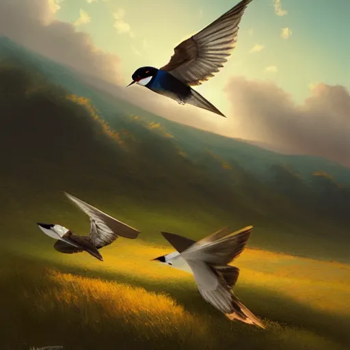 Image similar to spanish swallow birds flying in avila, golondrinas, green fields, dawn, summer season, 4 k, midday light, concept art, by wlop, ilya kuvshinov, artgerm, krenz cushart, greg rutkowski, pixiv. cinematic dramatic atmosphere, sharp focus, volumetric lighting, cinematic lighting, studio quality