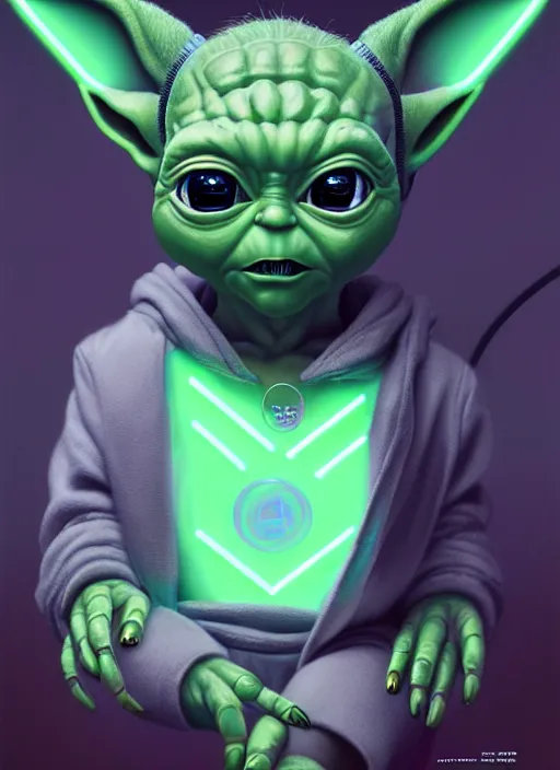 Image similar to portrait of baby yoda cyber humanoid, intricate, elegant, cyber neon lights, highly detailed, digital painting, artstation, glamor pose, concept art, smooth, sharp focus, illustration, art by artgerm and greg rutkowski