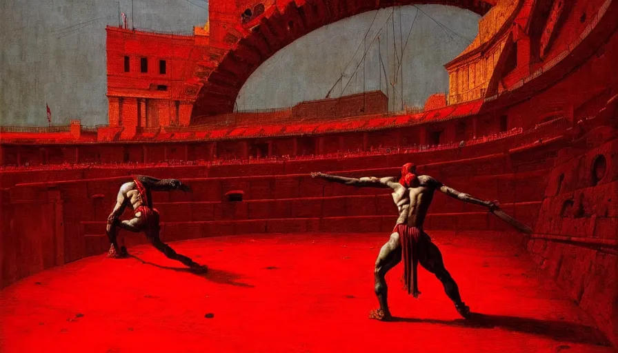 Image similar to only with red, a red gladiator in a crowded roman amphitheatre, crowd cheers him, in the style of beksinski and edward hopper and rodcenko and yue minjun, intricate and epic composition, red by caravaggio, highly detailed, masterpiece, red light, artstation