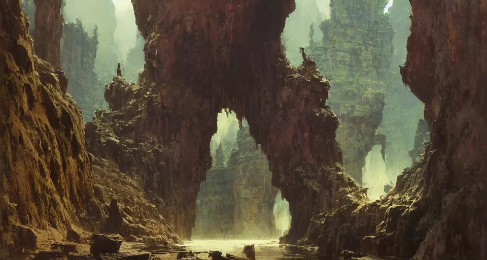 Image similar to unknown depth. a slender bridge of stone that spanned the chasm with one curving spring of fifty feet, rune - carved stone monolith intricate, vivid colors, elegant, highly detailed, john park, frazetta, john howe, ruan jia, jeffrey catherine jones