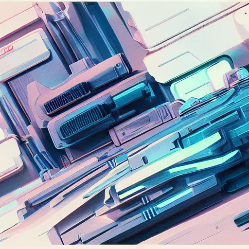 Image similar to abstract pastel painting of cyberpunk prop hardsurface shape form exploration, big medium small, artstation, colored marker, syd mead, hr giger, concept art