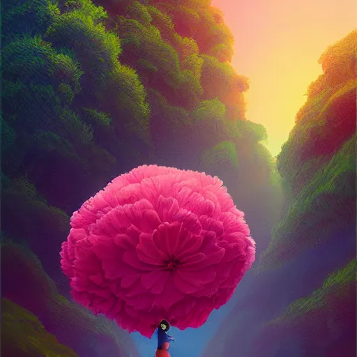 Image similar to giant carnation flower as a head, girl hiking in a lush valley, surreal photography, sunrise, dramatic light, impressionist painting, colorful clouds, digital painting, artstation, simon stalenhag