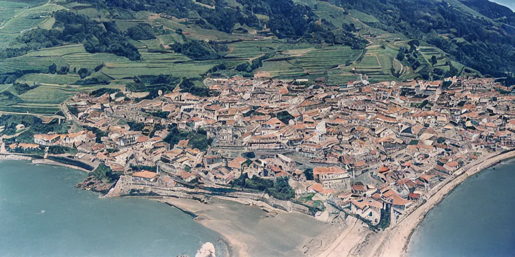 Image similar to aerial view of the village of zumaia in the basque country, 1 9 7 8, kodachrome