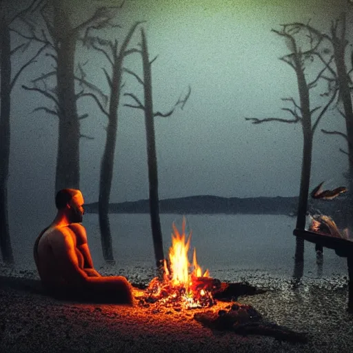 Prompt: a man sits beside a fire on the beach by a lake on a dark night ; meanwhile a great massive monster creature of shadow and evil rises out of the water barely visible in the darkness, modern supernatural eldritch horror thriller aesthetic inspired by gregory crewdson and frank miller and christopher mckenney, high quality high detail matte painting.