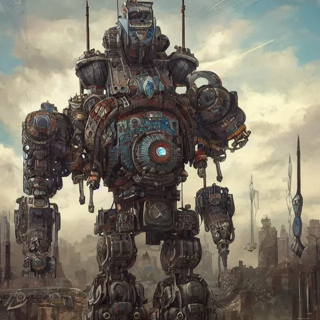 Image similar to symmetrical dieselpunk warrior, giant goliath mecha with details and decals in the utopia city. sci - fi, by mandy jurgens, ernst haeckel, james jean