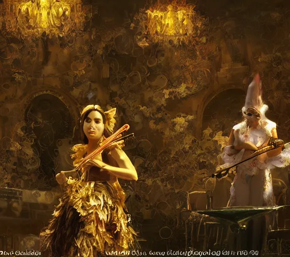 Image similar to craig mullins and ghibli digital art of on the stage of the theater, a masked female violinist performs alone, dressed in exotic costumes, gold jewelry, and black hair realistic shading, cinematic composition, realistic render, octane render, detailed textures, photorealistic, wide shot