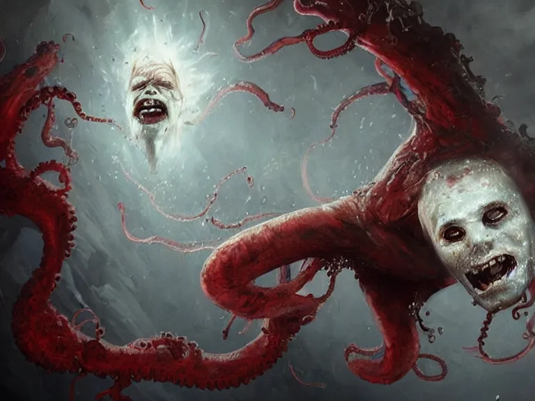 Image similar to painting by greg rutkowski of a flying human head with tears running down it's face face that is chalk white in color, with tentacles coming of the neck, fiery scorching red eyes, flying in a terrying hellish dark cavernous place