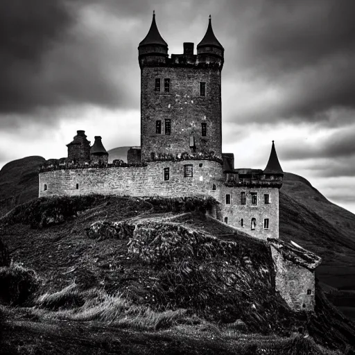 Image similar to haunted castle in the scottish highlands, highly detailed photography, sharp, crisp, ominous, spooky, macabre